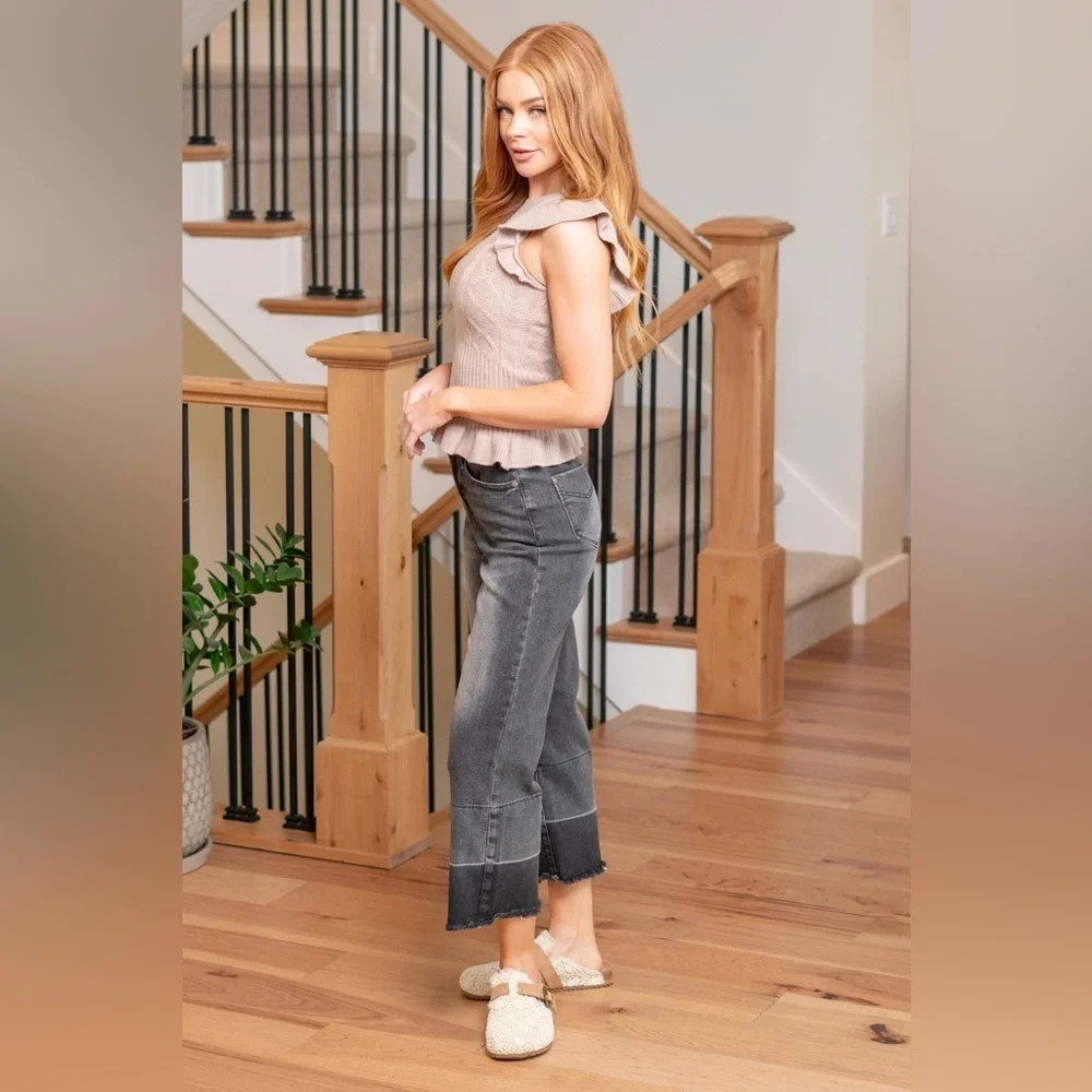Judy Blue Knoxville High Rise Wide Leg Crop Jeans In A Chic Grey Ombre Color - Picture 2 of 16